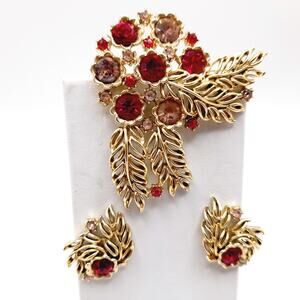 Vintage 1950s Pink Red Rhinestone Brooch Earrings Gold Tone Set
